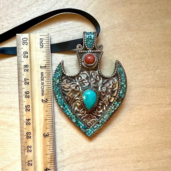 Vintage Turquoise Inlaid Necklace Pendant‎ Coral Big Southwestern - Picture 10 of 10